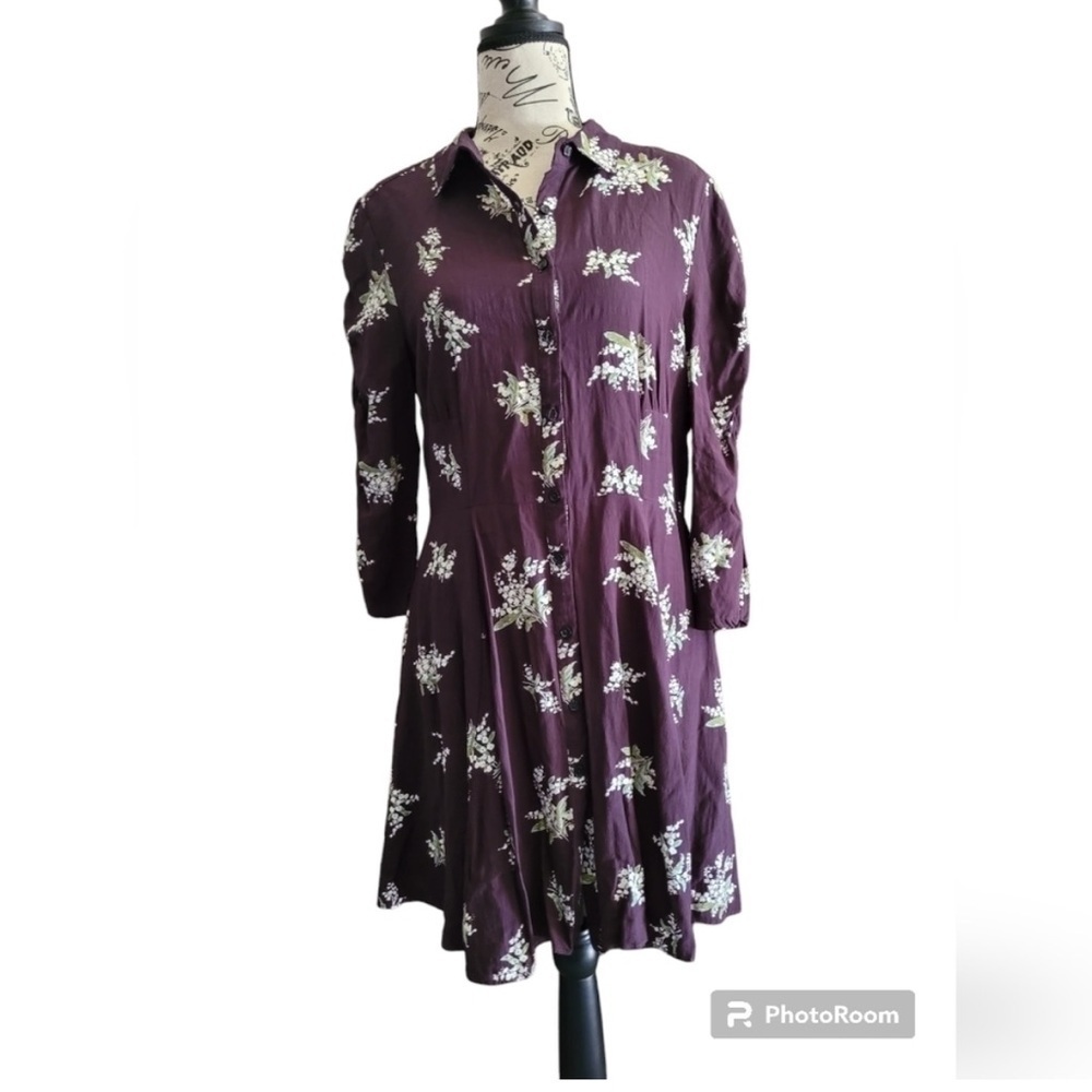 Free People Floral Long Sleeve Button Front Plum Mini Dress - Medium